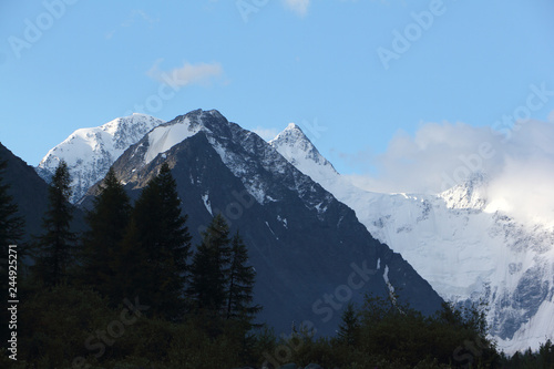 Mt Boris and Bronya on the background of Mt Belukha, Katunsky Ridge, Altai, Russia