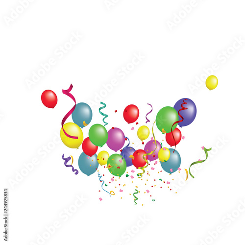 White paper banner, colored balloons and colored confetti. vector file.