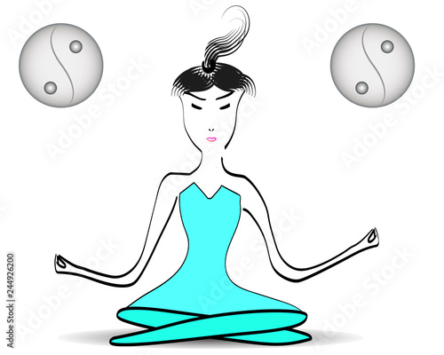Asiatin beim Yoga mit Yin Yang Symbolen