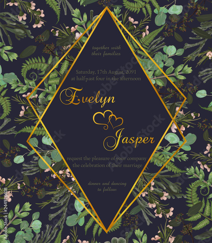 Wedding floral invite card. Vector watercolor green forest leaf, fern, branches boxwood, buxus, eucalyptus, brunia. Rhomb, geometric  golden frame