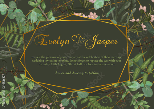 Vector polygonal gold frame with leaves of a forest fern, boxwood, brunia and eucalyptus branches on a green background. Suitable for wedding invitations, postcards, posters