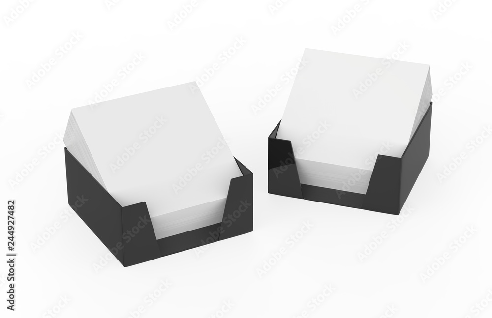 Blank note paper plastic holder mock-up on isolated white background, 3d illustration Blank note paper plastic holder mock-up on isolated white background, 3d illustration
