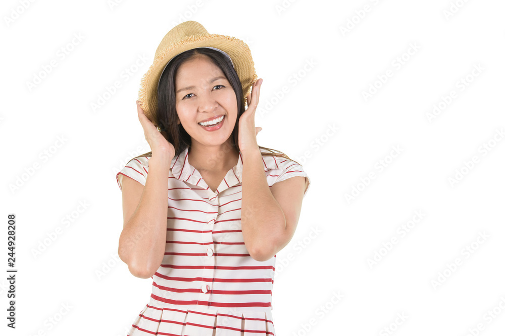 Happy smiling asian young woman touching her straw hat. Happy smiling asian young woman touching her straw hat.