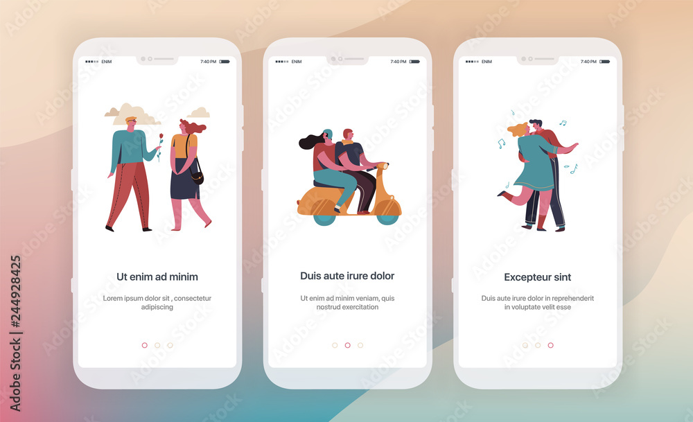 Dating, social networks, communication. Design of mobile application intro screens. Application templates concept Vector onboarding illustration flat design Dating, social networks, communication. Design of mobile application intro screens. Application templates concept Vector onboarding illustration flat design