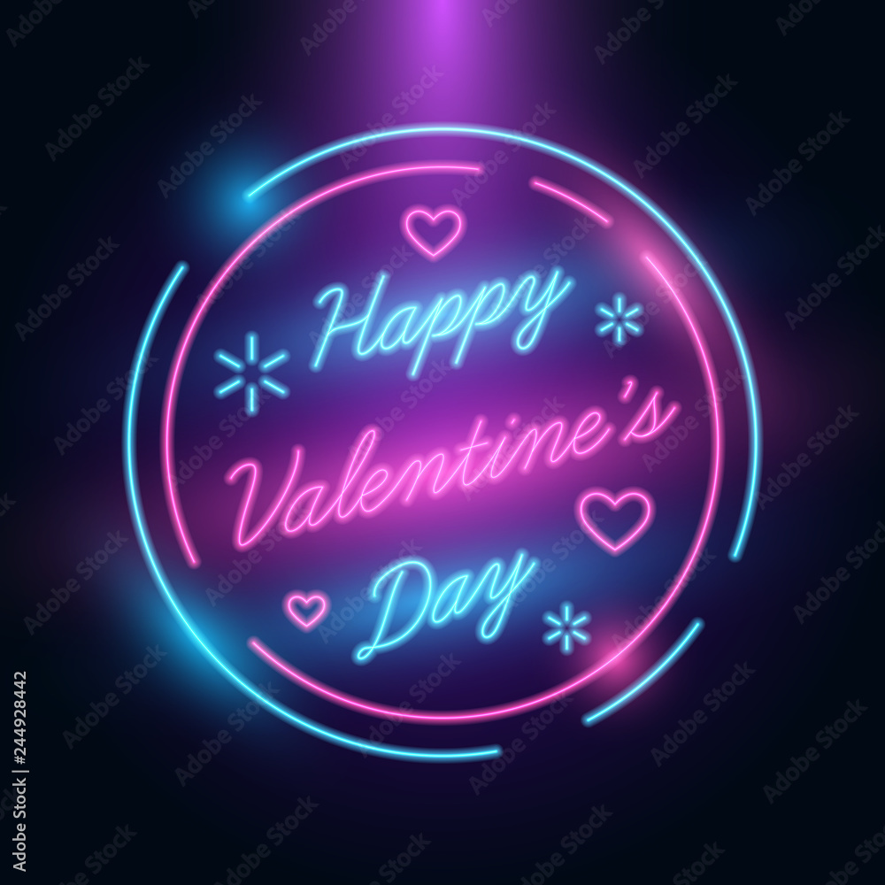 Happy Valentines Day Greeting. 14 February International Celebrations Template. Neon Retro Style. Glow in the dark. Vector.
