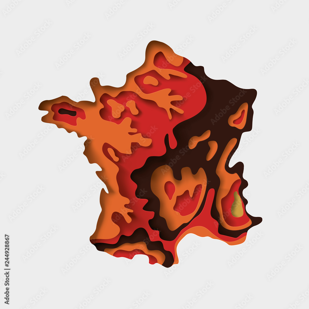  Map of France. Imitation of the texture paper cut, origami. geographical features, plain and mountains. vector