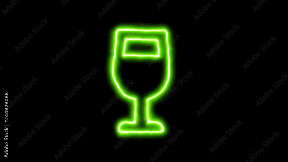 The appearance of the green neon symbol wine glass. Flicker, In - Out. Alpha channel Premultiplied - Matted with color black The appearance of the green neon symbol wine glass. Flicker, In - Out. Alpha channel Premultiplied - Matted with color black