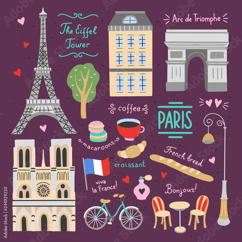 Paris cute vector graphics. French lifestyle elements and illustrations. Visit France icon set