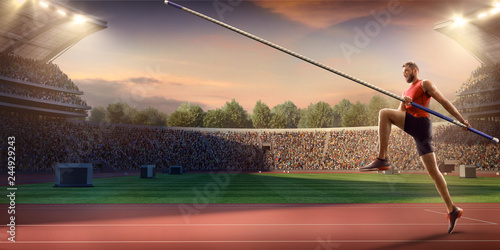 Foto Young male pole vault athlete with pole bar