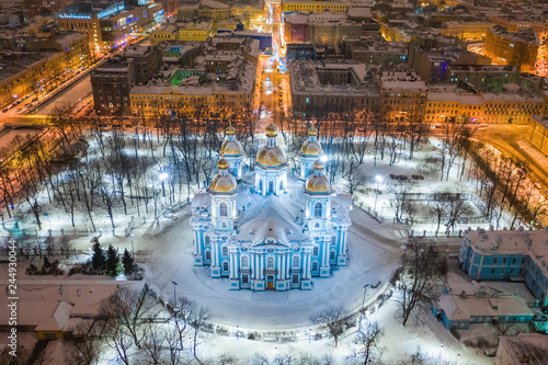 Fototapeta Naklejka Na Ścianę i Meble -  Petersburg. Nicholas the Epiphany Cathedral. Evening city of St. Petersburg. Panorama of the city. Russia. Saint Petersburg aerial view drone
