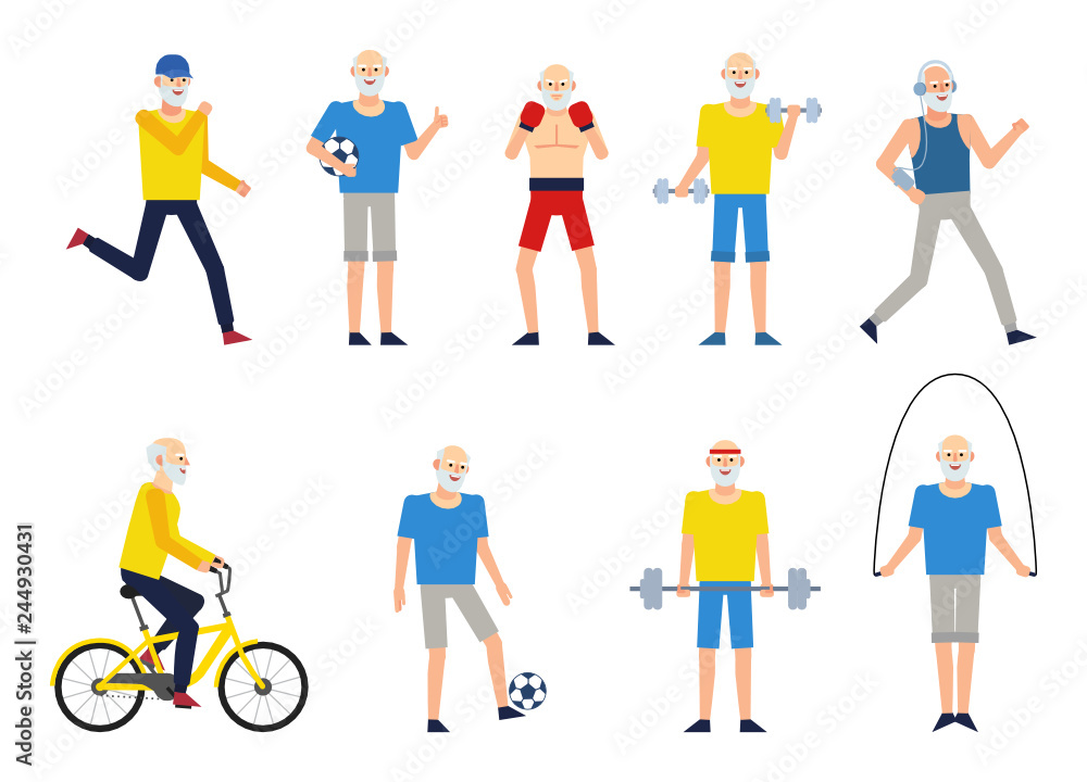 Set of old man characters doing various sports. Cheerful old man running, playing football, boxing, jumping and doing other actions. Flat design vector illustration Set of old man characters doing various sports. Cheerful old man running, playing football, boxing, jumping and doing other actions. Flat design vector illustration