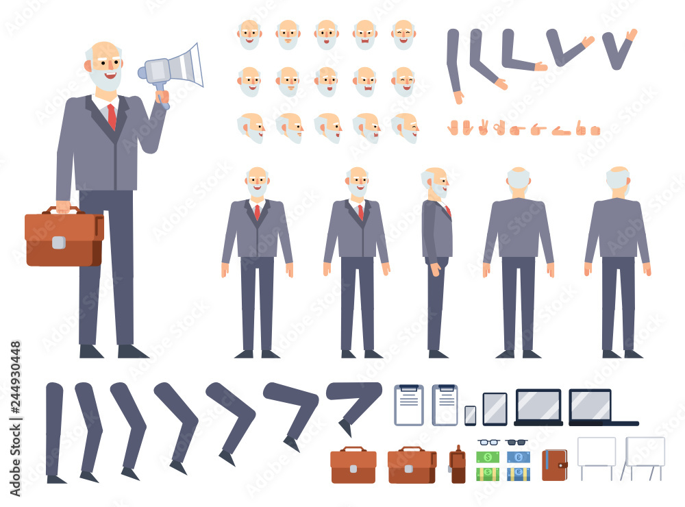 Old businessman creation kit. Create your own pose, action, animation. Various design elements, gestures, emotions. Flat design vector illustration