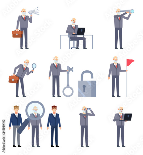 Set of old businessman characters posing in various situations. Old man holding loudspeaker, spyglass, big key, searching and showing other actions. Flat design vector illustration