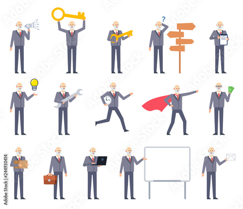 Set of old businessman characters posing in various situations. Old man holding big key, laptop, running, working, thinking and showing other actions. Flat design vector illustration