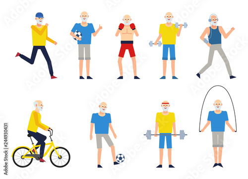 Set of old man characters doing various sports. Cheerful old man running, playing football, boxing, jumping and doing other actions. Flat design vector illustration