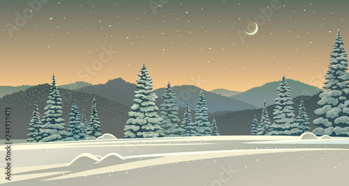 Winter night landscape with snow covered trees spruce and snowdrifts in the foreground, with moonlight. © Rustic