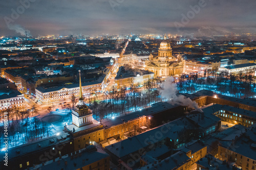 Night panoramic view from the aerial view of the center of St. Petersburg. St. Isaac's Cathedral, the spire of the Admiralty.