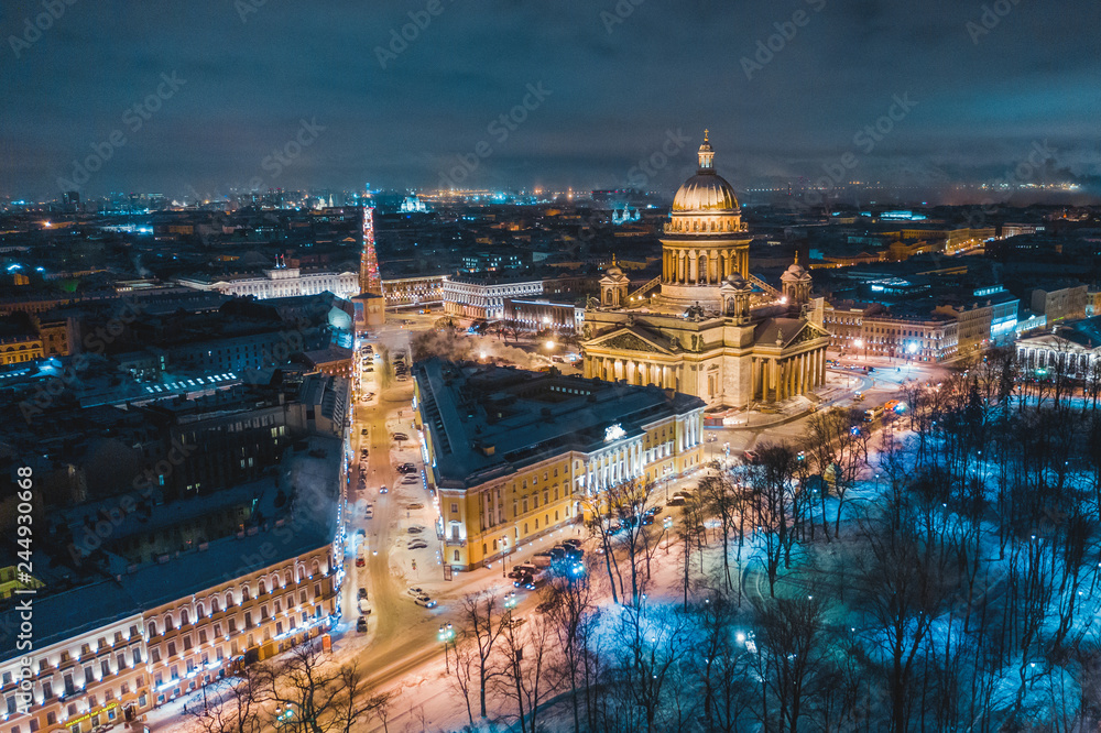 Night panoramic view from the aerial view of the center of St. Petersburg. St. Isaac's Cathedral. Drone view