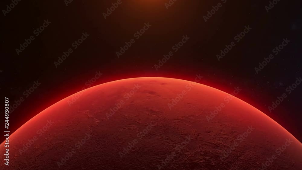 Realistic planet Mars rotating in deep space. 3d digital background.