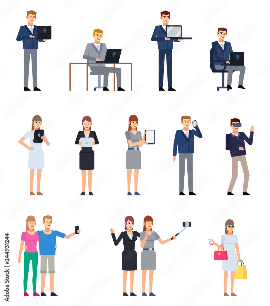 Set of business people with various gadgets. Man working on laptop, woman with smartphone, tablet, taking photo. Flat design vector illustration