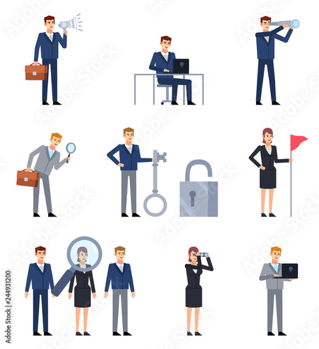 Set of business characters showing different search actions. Businessman holding spyglass, laptop, big magnifier over group of business people. Flat style vector illustration
