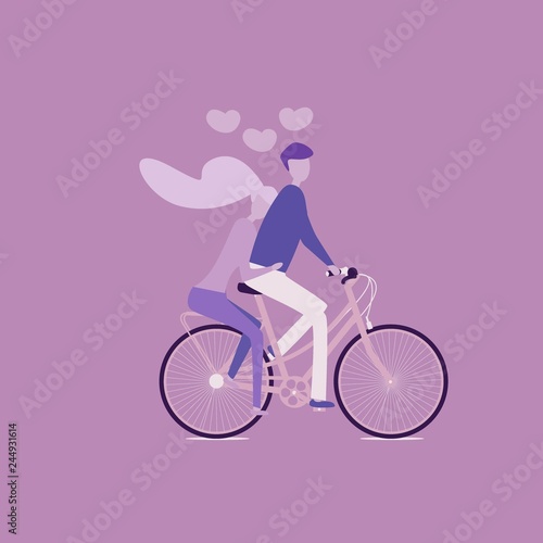 Just married couple bride and groom riding tandem bicycle