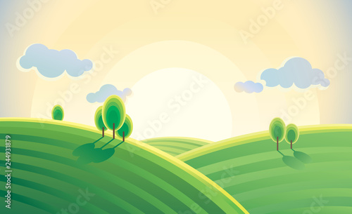Morning landscape with hills, sunrise over hills in cartoon style. Vector illustration.