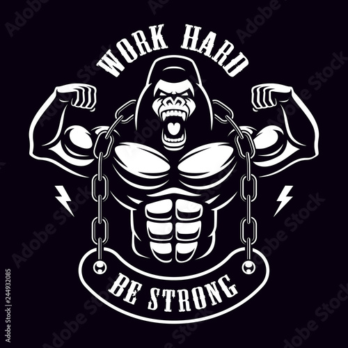 Vintage illustration of a gorilla bodybuilder with chain
