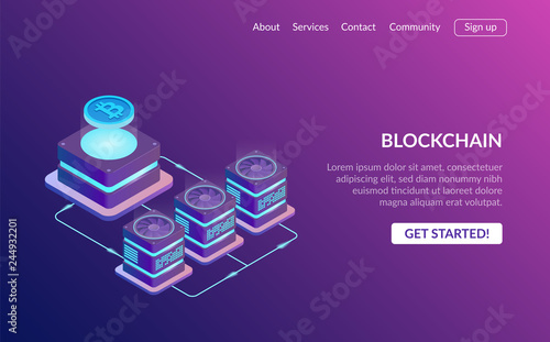 Cryptocurrency and Blockchain concept. Farm for mining bitcoins. Digital money market, investment, finance and trading. Perfect for web design, banner and presentation. Isometric vector illustration.