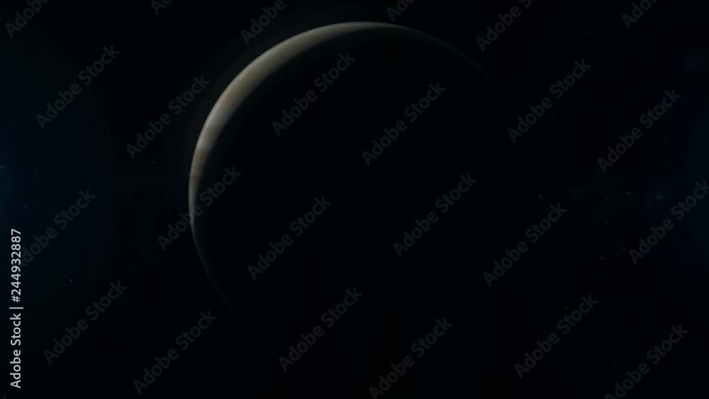 Realistic planet Jupiter rotating in deep space. Seamless loop digital background.