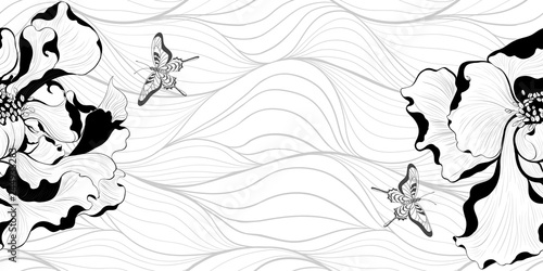 Vector. Fantasy flowers - decorative composition. Flowers with long petals. Wallpaper. Seamless patterns Use printed materials, patterns for fabrics, posters, cards, packaging.