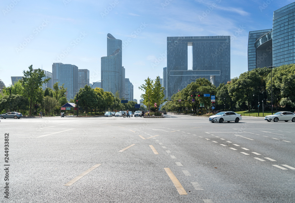 Highway and Modern Urban Architecture in Qiantang River New Town, Hangzhou, China Highway and Modern Urban Architecture in Qiantang River New Town, Hangzhou, China