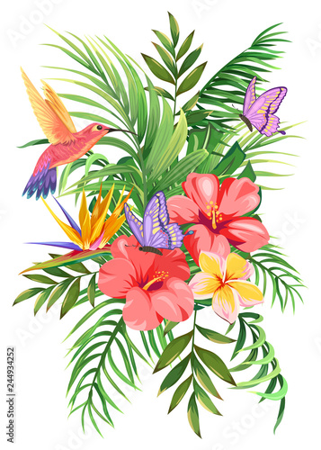 tropical bouquet with palm leaves, exotic flowers, butterflies and hummingbirds