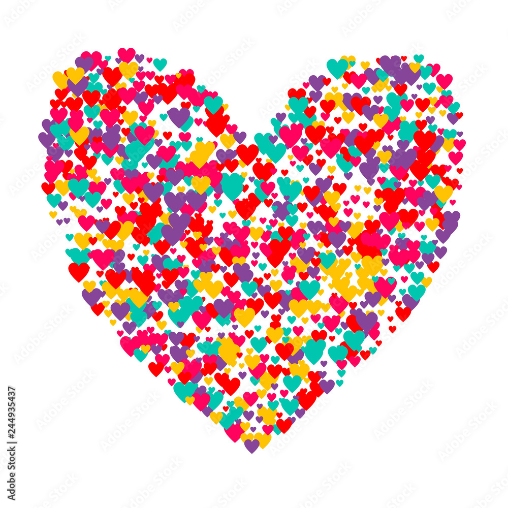 Candy of red, yellow, blue and purple hearts on a white background. Flying confetti from hearts. Valentine's day card. Candy of red, yellow, blue and purple hearts on a white background. Flying confetti from hearts. Valentine's day card.