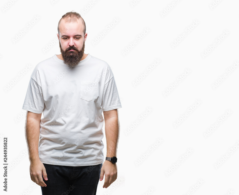 Young caucasian hipster man wearing casual t-shirt over isolated background depressed and worry for distress, crying angry and afraid. Sad expression. Young caucasian hipster man wearing casual t-shirt over isolated background depressed and worry for distress, crying angry and afraid. Sad expression.