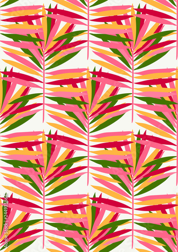 Tropical seamless pattern with pink palm leaves. Exotic leaves.