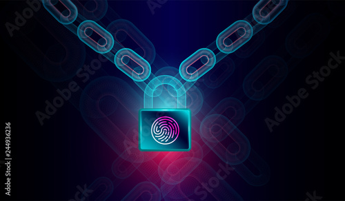 Block chain technology with high security fingerprint lock concept -3d rendering.Vector