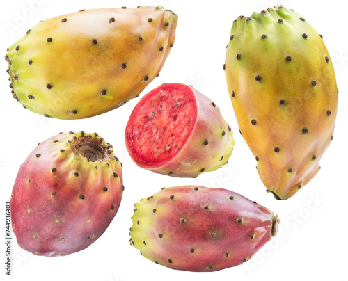 Prickly pears or opuntia fruits collection on white background. Clipping path.
