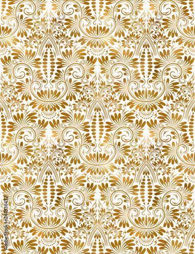 Golden white vintage seamless pattern. Gold royal classic baroque wallpaper. Arabic background ornament.