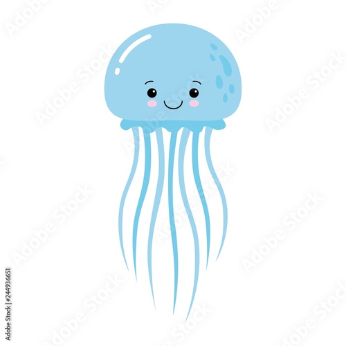Fotografiet Vector illustration of cartoon funny blue jellyfish isolated on white background