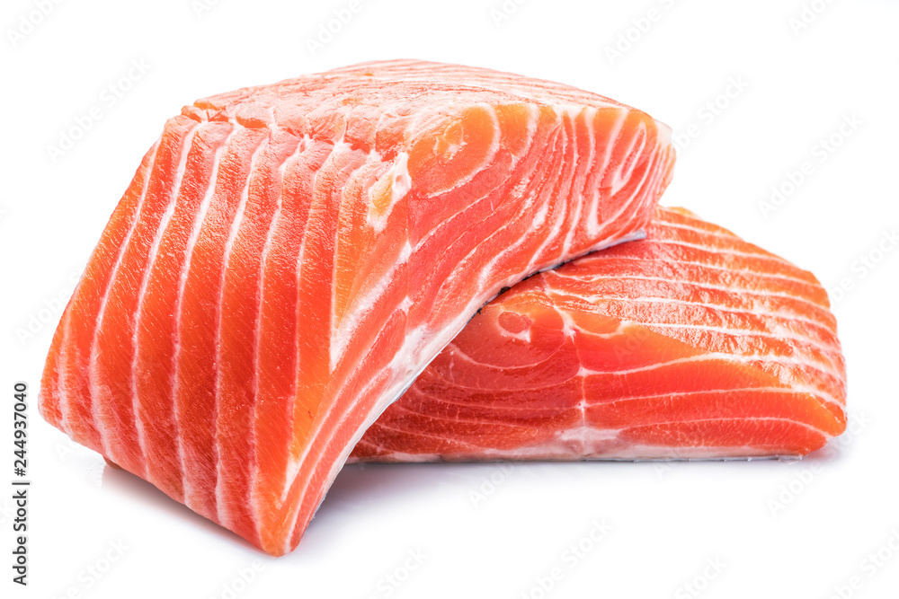 Fotografie, Obraz Fresh raw salmon fillets on white background.