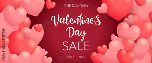 Valentines Day Sale, up to seventy percent lettering with hearts. Saint Valentines Day sale advertising design. Handwritten and typed text, calligraphy. For leaflets, brochures, posters or banners.