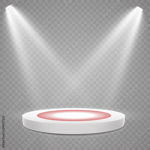 Podium with red carpet. Stage for awards ceremony. Pedestal. Spotlight. Vector illustration.