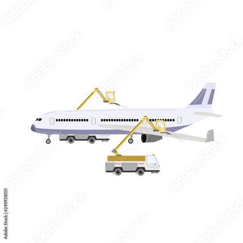 Aircraft deicing. Vector illustration illustration isolated on white.