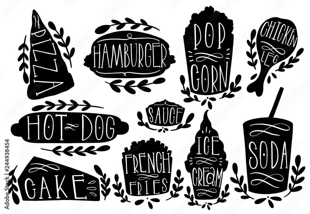 Fastfood set vector illustration. Shape text pizza,hamburger,hotdog,popcorn,sausage,frie,icecream,soda. Stamp icon hand draw. Fastfood set vector illustration. Shape text pizza,hamburger,hotdog,popcorn,sausage,frie,icecream,soda. Stamp icon hand draw.