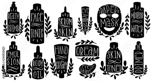 Skin care set hand draw. Shape cosmetic primer, tonic, serumskin, eyecream, papermask, micelarwater, emulsion, bodyoil, handcream, eyepatch, skintoner. Label Home production