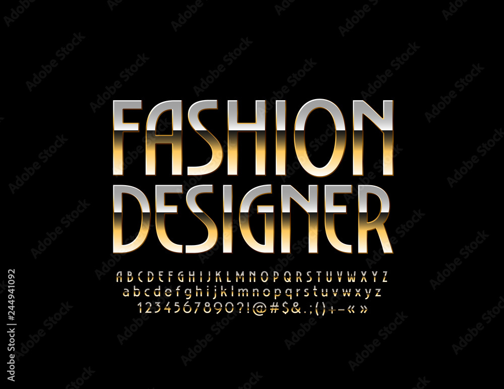 Vector stylish Sign Fashion Designer. Shiny golden Font. Luxury glossy Alphabet Letters set.