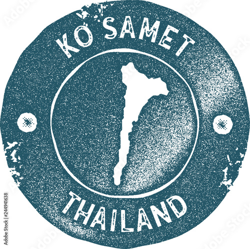 Ko Samet map vintage stamp. Retro style handmade label, badge or element for travel souvenirs. Blue rubber stamp with island map silhouette. Vector illustration.