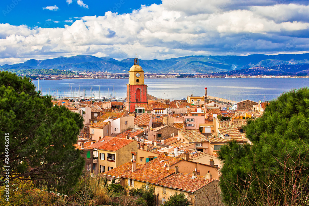 Saint Tropez village church tower and old rooftops view