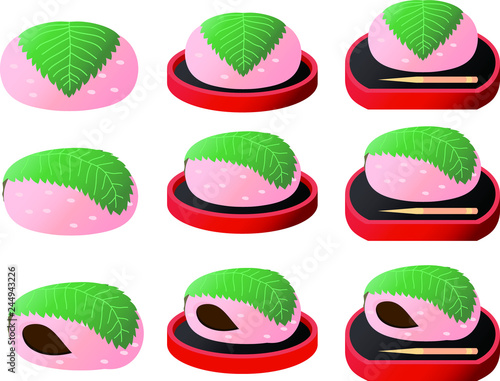 Gradation cute Bean paste rice cake wrapped in a cherry leaf set